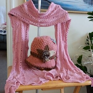 Knit Scarf and Bucket Hat Pink 66" Long 19" Wide at Top 7" New
